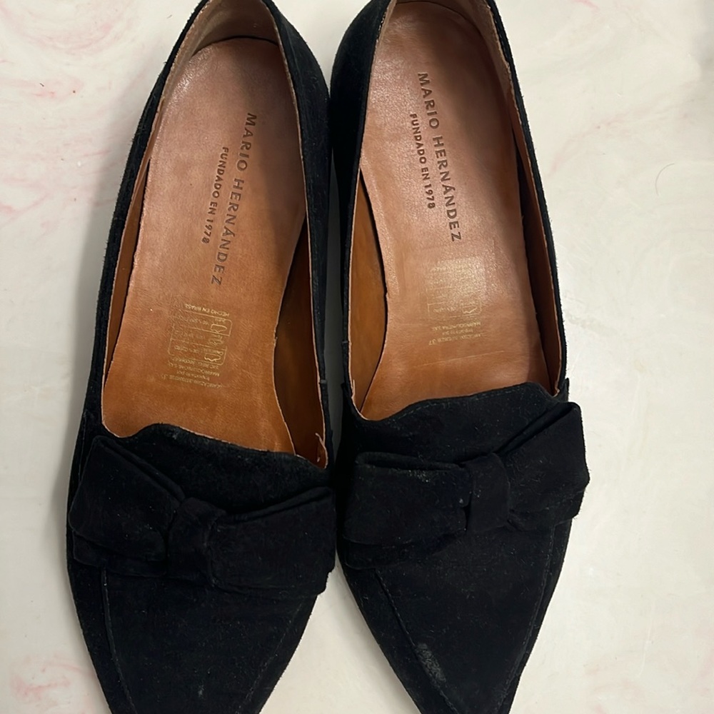Mario Hernandez black suede flats with bow
